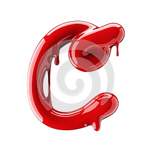 Leaky red alphabet isolated on white background. Handwritten cursive letter C. photo