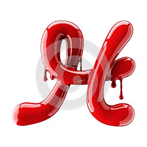 Leaky red alphabet isolated on white background. Handwritten cursive letter H.