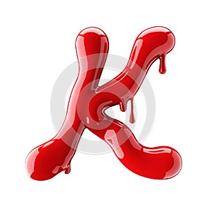 Leaky red alphabet isolated on white background. Handwritten cursive letter K.