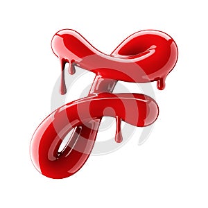 Leaky red alphabet on white background. Handwritten cursive letter F.