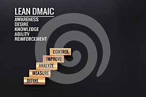 LEAN DMAIC business improvement concept. wooden step with text define, measure, analyze, improve and control with copy space photo