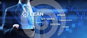 Lean manufacturing DMAIC, Six sigma system. Business and industrial process optimisation concept on virtual interface.