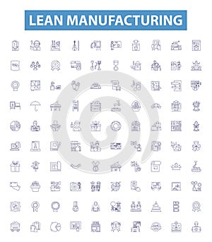 Lean manufacturing line icons, signs set. Six Sigma, Lean, Kaizen, JIT, TPS, Kanban, 5S, Visual Management, Heijunka