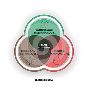 A Lean Six Sigma analysis venn diagram has 3 steps such as process and methodology, tools and techniques, mindset and culture.