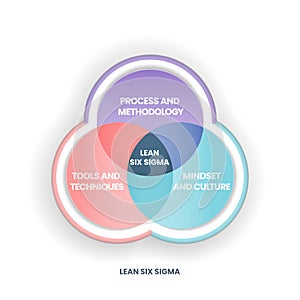 A Lean Six Sigma analysis venn diagram has 3 steps such as process and methodology, tools and techniques, mindset and culture.