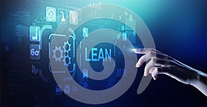 Lean, Six sigma, quality control and manufacturing process management concept on virtual screen