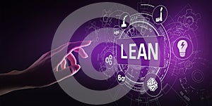 Lean, Six sigma, quality control and manufacturing process management concept on virtual screen.