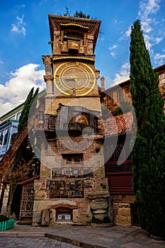 The leaning clock tower of Rezo Gabriadze Puppet Theatre, Tbilisi, Georgia. photo