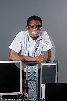 Leaning on computers photo