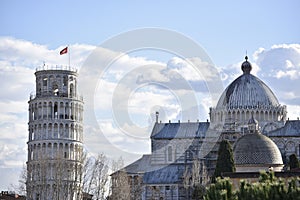 Leaning tower and cathedral of Pisa seen from afar.