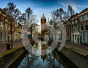 The leaning tower of old church oude kerk in Delft