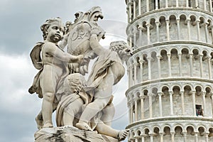 Leaning Tower of Pisa with Angels Statue in Black & White