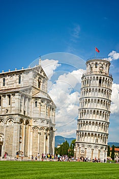 Leaning tower of Pisa and the cathedral Duomo in Pisa, Tuscany Italy