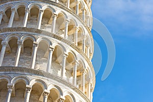 The Leaning Tower of Pisa, Italy, detailed view from close up, arches and columns