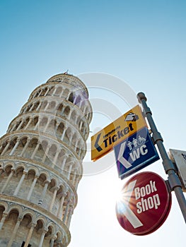 The Leaning Tower of Pisa in Italy with guideposts