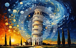 The Leaning Tower of Pisa in Italy, rendered in the style of Van Gogh. Oil painting against a starry sky, colorful, with vibrant