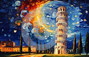 The Leaning Tower of Pisa in Italy, rendered in the style of Van Gogh. Oil painting against a starry sky, colorful, with vibrant