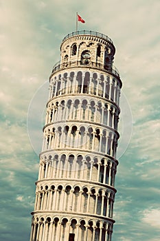 The Leaning Tower of Pisa, Tuscany, Italy. Vintage, retro.