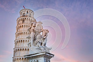 Leaning tower and Statue of angels, Pisa, Italy