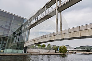 The leap across the Spree over the higher civil service career bridge in the German government district, Berlin