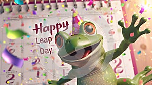 Leap day, 29 February 2024 greeting card with cute jumping Green Frog and Happy Leap Day text. Leap year, one extra day.