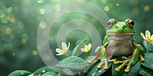 Leap Day 29 February 2024 greeting card with green frog on a leaf with copy space