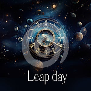 Leap day background with vintage clock on space background