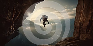 Leap of Faith Climber jumping between mountain cliffs