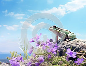 Leap into Spring with this Adorable Green Frog on a Bed of Flowers