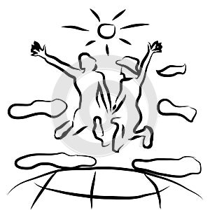 Leap of two people holding hands over the Earth into the sky; among the clouds, towards the sun. Rough linear sketch.