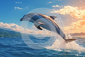 Leaping dolphin with copy space for text, ocean backdrop