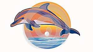 Leaping dolphin graphic against sunset backdrop, vibrant colors, ocean scene. Serene sea mammal photo