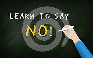 Lear To Say No! Chalkboard With Human hand. Say no To Distractions in your Personal life and professional work