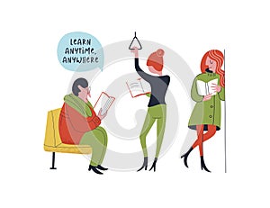 Learn anytime anywhere. Vector illustration.