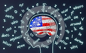 Learn English American pronunciation Foreign language fluency conversation Human head with brain letters 3d render