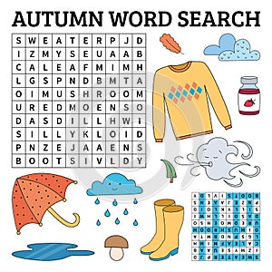 Learn English with an autumn word search game for kids. Vector i