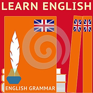 Learn English. Books, textbook english grammar. Banner for English language courses, school. Vector