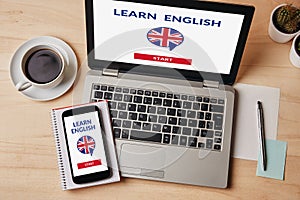 Learn English concept on laptop and smartphone screen