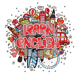 Learn English educational and travelling concept. Learning English vector cartoon illustration. Set of Fun cartooning