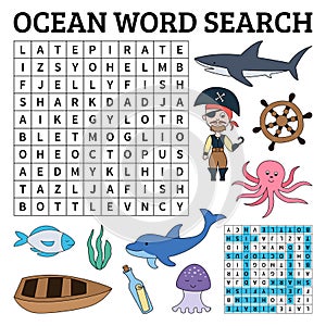 Learn English with Ocean word search game for kids. Vector illus