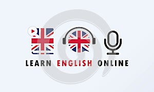 Learn English online banner. Digital course. Online education. Online language courses. Language practice. Vector EPS 10. Isolated