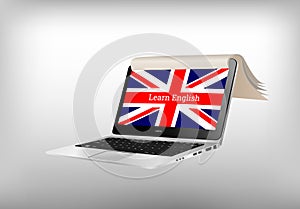 learn English online concept - laptop and book mixing - elearning language