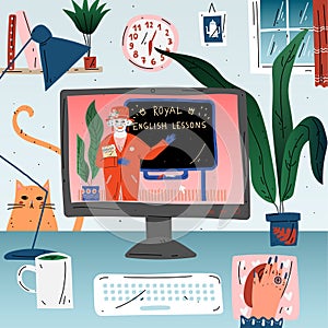 Learn english online education language. Workplace, desktop computer.