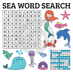 Learn English with a sea word search game for kids. Vector illus