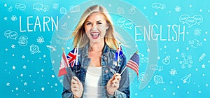 Learn English text with young woman