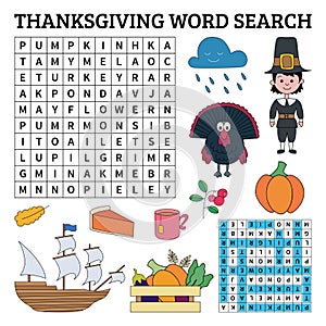 Learn English with Thanksgiving word search game for kids. Vector illustration.