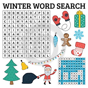 Learn English with a winter word search game for kids. Vector il