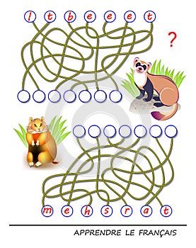 Learn French. Logic puzzle game with cute animals for study French language. Find correct places for letters.