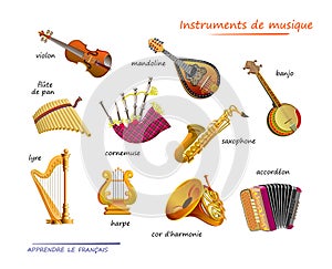 LEARN FRENCH. Names of MUSICAL INSTRUMENTS in French. Set of illustrations for music encyclopedia or for kids school textbook.