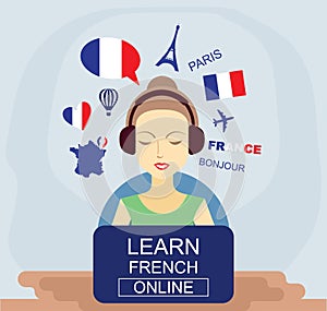 Learn french online concept. Flat vector